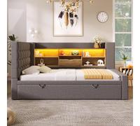 Upholstered Daybed with Pull-Out Trundle and Space-Saving Storage, Grey Linen Bed Frame with LED Lighting, 204L x 107W x 88H cm, Grey Aosom UK