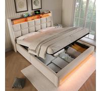 Upholstered Double Bed with LED Lighting and USB-C Charging Station, Bed Frame with Padded Headboard, 200L x 140W x 117H cm, Beige Aosom UK