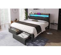 Upholstered Double Bed with LED Lighting, USB Type-C Charging Function, Storage Headboard and Drawers, 4ft6 Double Bed 135 x 190 cm, Storage Bed Frame with Metal Slatted Frame,Linen, Grey(No Mattress)