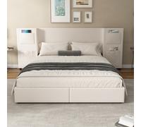 Upholstered Double Bed with Storage Drawers and Headboard Pockets, Bed Frame with Velvet and Plywood, 229L x 222.5W x 87.5H cm, Beige Aosom UK