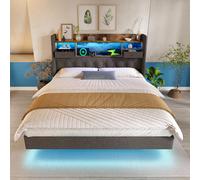Upholstered Double Floating Bed with LED Mood Lighting, Low-Profile Floating Bed Frame with Storage Headboard, 202L x 142W x 114H cm, Grey Aosom UK
