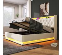 Upholstered Double Ottoman Bed with LED Light, USB Charging Port, Hydraulic Storage Bed Frame for Bedroom, 206L x 148W x 104H cm, White Aosom UK