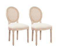 Upholstered Fabric French Dining Chair Set of 2 with Rattan Back and Rubber Legs - Family-Friendly, Beige