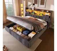 Upholstered Hydraulic Bed with LED Ambient Lighting, Linen Grey Bed Frame with Storage Headboard, 208L x 147W x 116H cm, Grey Aosom UK
