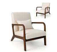 Upholstered Modern Chair - Single Sofa with Non-Slip Rubber & Wooden Feet Padded Lounge Chair for Living Room Bedroom Office - Beige with Lumbar Support.