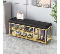 Upholstered Shoe Rack Bench with PU Leather Cushion Stylish Shoe Storage Organizer for Entryway & Living Room Metal Legs Modern Black & Gold 100cm