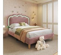 Upholstered Single Bed with LED Adjustable Headboard, Efficient Assembly, Velvet Bed Frame with Wooden Slats, 197L x 101W x 109H cm, Pink Aosom UK