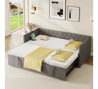 Upholstered Sofa Bed with Charging Station, Button-Tufted Design, Pull-out Trundle Bed for Bedroom, Study Room, 206L x 193W x 71H cm, Grey Aosom UK