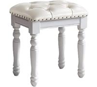 Upholstered Vanity Bench Stool with Button Tufted Cushion, Solid Wood Carved Legs, No-Tools Assembly