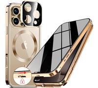 Upholyee Magnetic Privacy Case for iPhone 16 Pro Max Full Body Bumper Cover Gold | CD Metal Ring, Automatic Pop-up Lock, Compatible with MagSafe, Integrated Lens Protection, Built-in 9H Glass