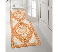 Uphome Boho Bathroom Runner Rug Orange Non-Slip Soft Bedroom Rug Machine Washable Oriental Hallway Rug Tribal Aesthetic Floral Home Decor Floor Mats for Kitchen Kids Room Entryway, 24x59 inch