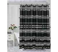 UPHOME Boho Shower Curtain Black and White Fabric Tassel Triangle Stripes Geometric Shower Curtain Set with Hooks Chic Tribal Bathroom Decor Accessories (72X72 inch, Black)