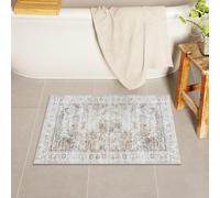 Uphome Boho Small Bath Mat, Distressed Farmhouse Light Khaki Bath Rugs, Comfy Velvet Bathroom Rugs Non Slip Washable, Vintage Oriental Toilet Rug for Sink Shower Vanity, 18x26 inch