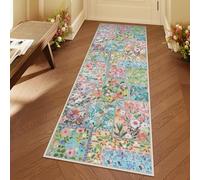 Uphome Floral Washable Runner Rug, 2x6 Pink Rug Runners for Hallways Non Slip, Soft Boho Patchwork Kitchen Rugs, Low Pile Farmhouse Botanical Throw Rugs for Entryway Bedroom Bathroom