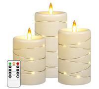 Upinmz Flickering Flameless LED Candles with String Lights, Remote Control and Timer - 3 Pack Ivory White Acrylic