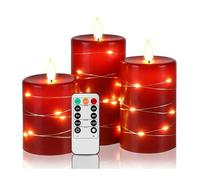 Upinmz Red Flameless Candle with Remote Control and Timer,Flickering Battery Operated Candles with String Lights,LED Pillar Candles,Set of 3