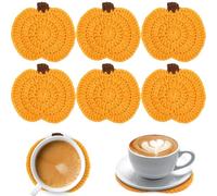 UPINS 6 Pcs Fall Crochet Pumpkin Coaster Handmade Woven Pumpkin Drink Cup Autumn Crochet Coasters for Harvest Thanksgiving Home Kitchen Table Party Decor Gifts