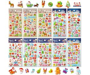 UPINS Christmas Stickers for Kids, 10 Sheets Holiday 3D Puffy Foam Decals - Cute Snowman, Reindeer, Tree, Santa for Party Favors, Scrapbooking, DIY Crafts