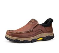 UPIShi Men's Hands Free Slip On Leather Loafers Casual Walking Lightweight Cushioned Comfort Office Business Outdoor Shoes Brown 9