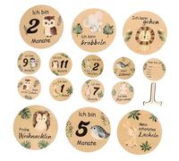 UPKOCH 1set Cards Wooden Birth Announcement Sign Animal Pattern Discs Display Stand for Newborn Photography and Monthly Growth Tracking
