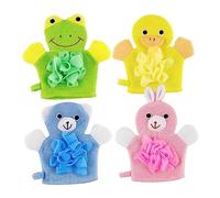 UPKOCH 4pcs Baby Bath Gloves and Shower Mitts Set, Cute Cartoon Design Yellow Duck, Pink Rabbit, Green Frog, Blue Bear, Soft Mesh for Boys and Girls’ Bathing and Washing