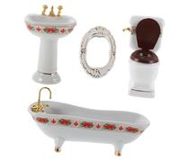 UPKOCH Luxury Ceramic Scale Miniature Dollhouse Bathroom Set Bath Shower Toilet Basin Mirror for Pretend Play and Dollhouse Decor