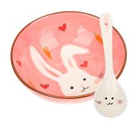 UPKOCH Rabbit Porcelain Bowl Tableware Set 5 Inch Ceramic Dinnerware Kit with Spoon for Kids Home Dining Dishwasher Safe Cute Bunny Design
