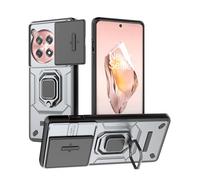 UPLAI Case for OnePlus 12R 5G, Shockproof Armor Cover with Slide Camera Cover and 360° Rotatable Hidden Metal Ring Kickstand, Premium TPU + PC Durable Case. Gray