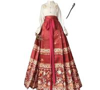 Uplateng Hanfu Horse Face Skirt Women Chinese Traditional Vintage Hanfu Pleats Skirt Red Blue Black Beige Shirt+Skirt Sets+Wooden Hair Pin Oversize XL (White with red,M)