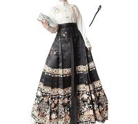 Uplateng Hanfu Horse Face Skirt Women Chinese Traditional Vintage Hanfu Pleats Skirt Red Blue Black Beige Shirt+Skirt Sets+Wooden Hair Pin Oversize XL (White with Black,M)