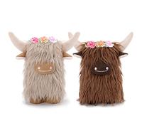 Upltowtme Highland Cow Gnomes with Flowers, Brown Scottish Tomte Doll Decor, Farmhouse Nordic Dwarf Home Decoration, Calf Gnome Herd Collection, Travel Nursery Gift for Her, Set of 2