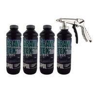 UPOL Gravitex Plus HS Stone Chip Protector - Pack of 4 x 1 Litre Grey Overpaintable Primer & Air Application Gun - High Build OEM Textured Primer - 1K Solvent Based Coating - For Vehicle Underbodies