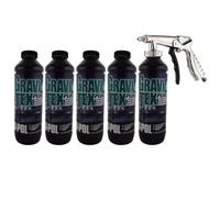 UPOL Gravitex Plus HS Stone Chip Protector - Pack of 5 x 1 Litre Black Overpaintable Primer & Air Application Gun - High Build OEM Textured Primer - 1K Solvent Based Coating - For Vehicle Underbodies