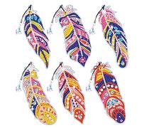 Uposao 6Pcs 5D Diamond Drawing Bookmarks, DIY Kit Bookmark Feather Shape Diamond Drawing Bookmarks Bookmark With Crystal Pendant Embroidery Digital Painting Bookmark Craft Gifts