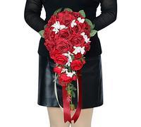 Uposao Bridal Bouquet, Teardrop Romantic Artificial Rose Bouquet, Bride and Bridesmaid Holding Bouquets Long Bouquet for Birthday Wedding Centerpiece Accessories