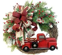 Uposao Red Truck Christmas Wreath for Front Door Decor, Rustic Natural Rattan Wreath with Buffalo Plaid Bowknot and Red Berry, Farmhouse Christmas Wreath for Wall Door Hanging Thanksgiving