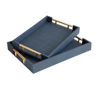 UPPER DECOR Modern Decorative Tray Set of 2, Blue Shagreen Leather Tray, Rectangle Serving Trays with Gold Polished Metal Handles, Ottoman Trays Coffee Table Perfume Kitchen Home Decor