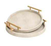UPPER DECOR Modern Shagreen Tray, Round Serving Tray with Gold Polished Metal Handles, Decorative Trays Coffee Table Ottoman Trays for Living Room Bathroom Home Decor, Set of 2 (Ivory)