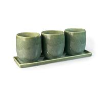 Upper Street Scandi Home Set of Three Reactive Glazed Ceramic Planters with Tray (Green)