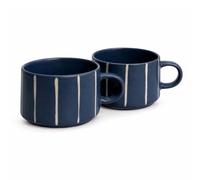 Upper Street Set of 2 Navy Blue Striped Reactive Glaze Ceramic Coffee Mug, 520ml Tea & Matcha Cups, Dishwasher & Microwave Safe, Scandinavian Style