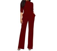 UPPJPBSW Dressy Casual Straight Long Pants Rompers for WomenElegant One Piece Business Office Outfits Mock Neck Jumpsuits,Wine,S