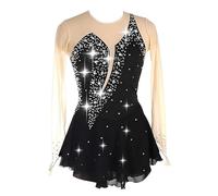 UPPJPBSW Girls Long Sleeve Figure Ice Skating Dress Shiny Rhinestone, Women's Artistic Gymnastics Chiffon Long-Sleeve Dress, Suitable for Performances And Competition,Black,L