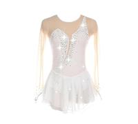 UPPJPBSW Girls Long Sleeve Figure Ice Skating Dress Shiny Rhinestone, Women's Artistic Gymnastics Chiffon Long-Sleeve Dress, Suitable for Performances And Competition,White,XL