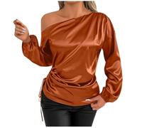 UPPJPBSW Long Sleeve Silk Business Office Shirts Elegant Off The Shoulder Satin Blouse for Women Dressy Casual Drawstring Side,Coffee,S