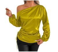UPPJPBSW Long Sleeve Silk Business Office Shirts Elegant Off The Shoulder Satin Blouse for Women Dressy Casual Drawstring Side,Yellow,L