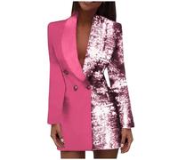 UPPJPBSW Sexy Colorblock Long Blazers Jackets for Women Formal Evening Party Club Outfit Double Breasted Sequins Blazer Dress,Pink,M