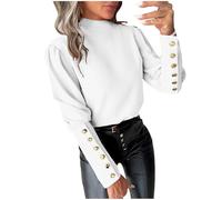 UPPJPBSW Women Elegant Mock Neck Blouses Lantern Gold Button Cuff Dressy Office Tops for Long Sleeve Business Casual Shirts,White,M