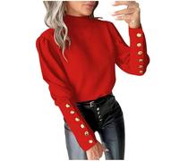 UPPJPBSW Women Elegant Mock Neck Blouses Lantern Gold Button Cuff Dressy Office Tops for Long Sleeve Business Casual Shirts,Red,M