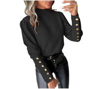 UPPJPBSW Women Elegant Mock Neck Blouses Lantern Gold Button Cuff Dressy Office Tops for Long Sleeve Business Casual Shirts,Black,M