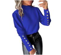 UPPJPBSW Women Elegant Mock Neck Blouses Lantern Gold Button Cuff Dressy Office Tops for Long Sleeve Business Casual Shirts,Blue,XL